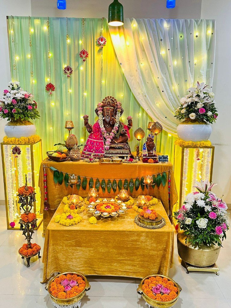 Festive home Ganpati decoration setup